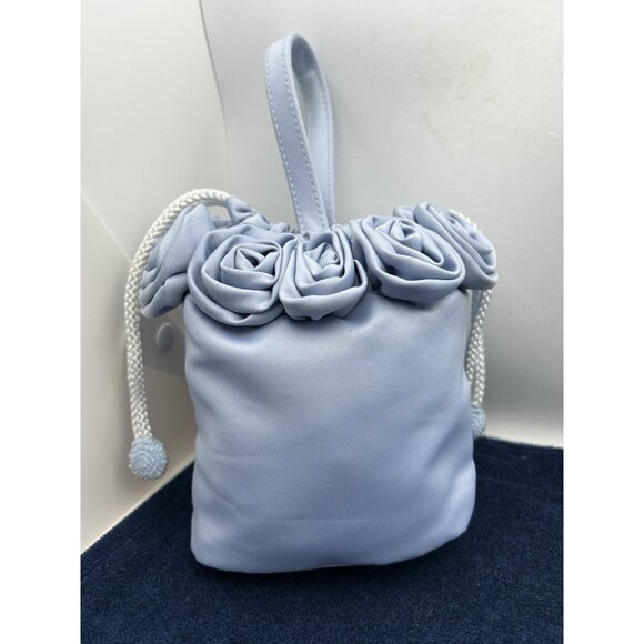 Blue Satin Drawstring Purse Rosette Bag Edwardian Cottage - Picture 1 of 14